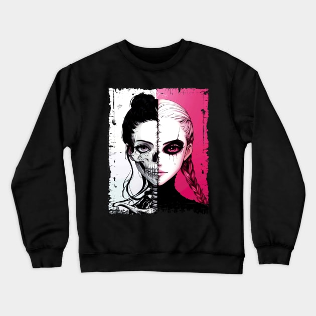 Skull Girl Bad Good Pink Split Crewneck Sweatshirt by Vlaa